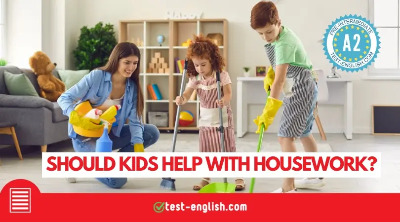 A mother and two children cleaning the living room together for an A2 Pre-intermediate Reading Comprehension Test about housework.