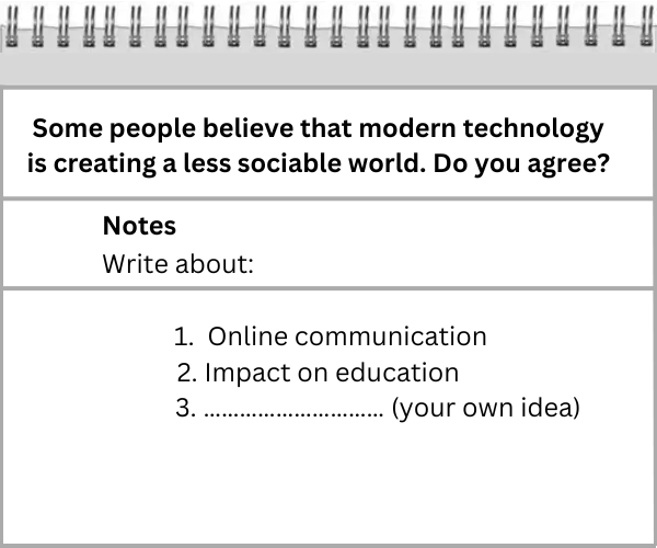 Sample image showcasing the format of B2 First (FCE) Writing Exam Task 1, featuring lined paper with the heading 'Part 1' and an essay question with note prompts for candidates to write about.