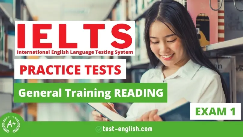 Young woman studying from a book in a library setting, preparing for the IELTS General Training Reading test.