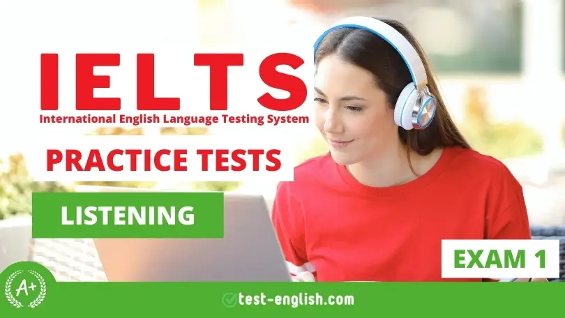 Young woman with headphones using a laptop to take an IELTS Listening practice test.